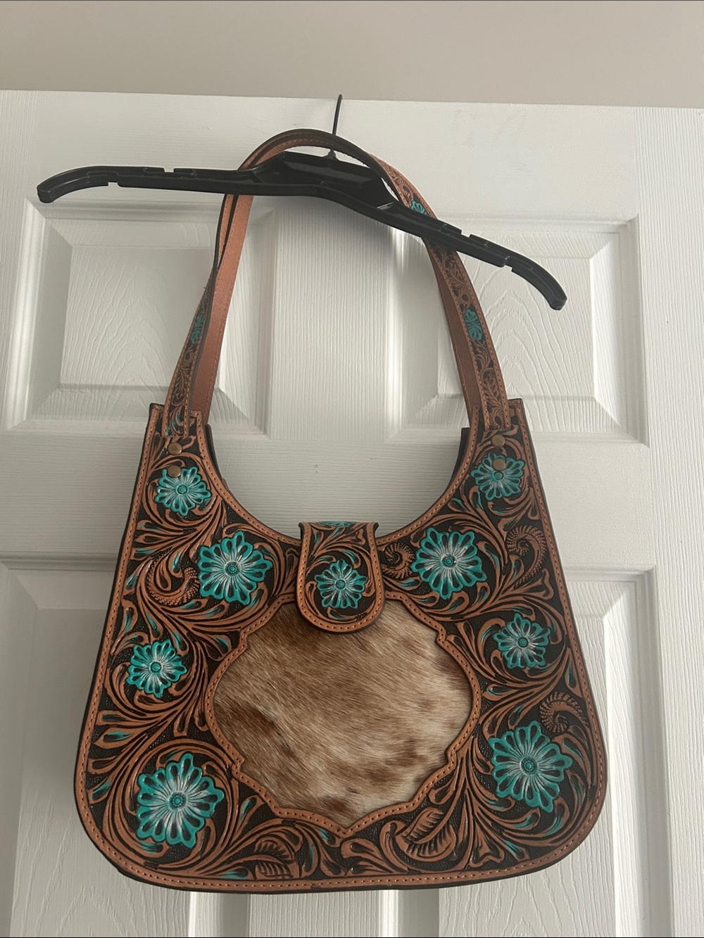 Turquoise Floral Tooled Leather Shoulder Bag with Hair-On Hide